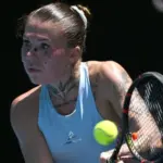 Українська тенісистка Олександра Олійникова під час матчу на турнірі WTA 125 у Сучжоу